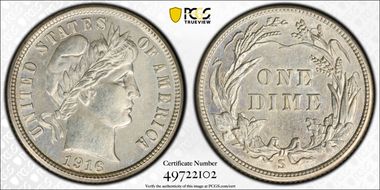 1916-S 10C Barber MS63