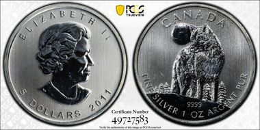 2011 $5 Timber Wolf MS65