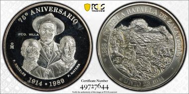 1989-Mo Medal Capture of Zacatecas Ag 75th Anniversary PR65DCAM