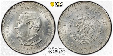 1957-Mo 5 Peso Constitution KM-470  Ag MS65