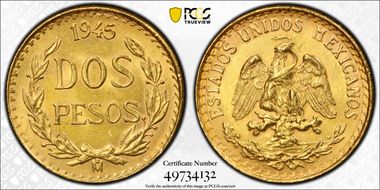 1945-Mo 2 Peso KM-461  Au MS63