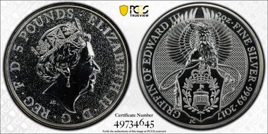 2017 £5 Griffin of Edward III Queen's Beasts 2oz Ag MS68
