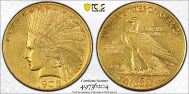 1908-D $10 Motto AU55