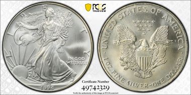 1994 $1 Silver Eagle MS68