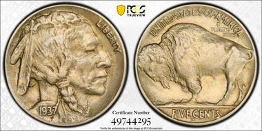 1937-D 5C 3 Legs AU50