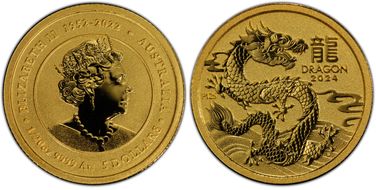 2024-P125 $5 Year of the Dragon  1/20oz Au MS70