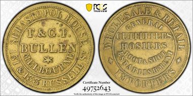 (c.1857-70) Tk 1/2D F&GF Bullen Brass Melbourne, Victoria XF45