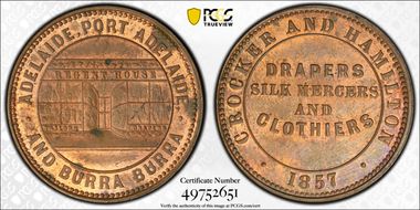 1857 Tk 1/2D KM-Tn39 Crocker & Hamilton Adelaide, S. Australia MS63RB