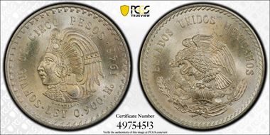 1948-Mo 5 Peso Cuauhtemoc KM-465 Ag MS66