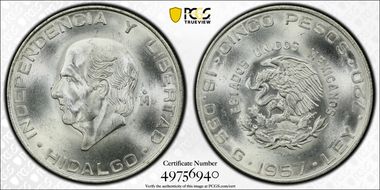 1957-Mo 5 Peso Hidalgo KM-469  Ag MS65