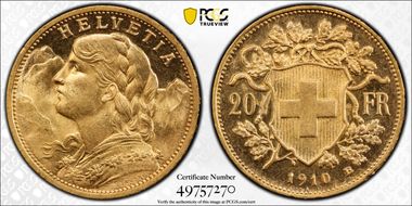 1910 B 20 Fr KM-35.1  Au MS65
