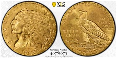 1908 $5 Indian MS64
