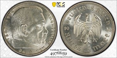 1936-A 5 Mk No Swastika J-360 MS63