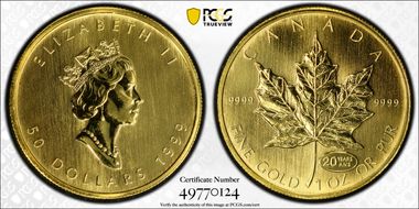 1999 $50 Maple Leaf Au 20 Years ANS Privy MS64