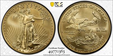 2006-W $50 Burnished Gold Eagle 20th Anniversary SP69