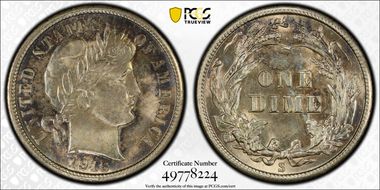 1916-S 10C Barber MS65