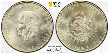 1955-Mo 5 Peso KM-469  Ag MS66