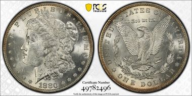 1880 $1 VAM 9, 8/7 Stem MS63