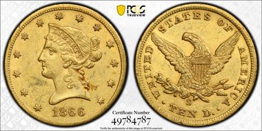 1866-S $10 No Motto AU55