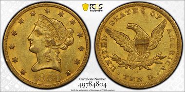 1854-O $10 Large Date AU58
