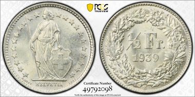 1939 B 1/2 Fr KM-23 Ag MS64