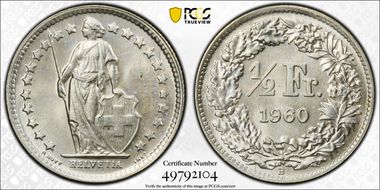 1960 B 1/2 Fr KM-23  Ag MS66