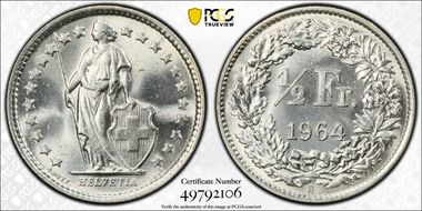 1964 B 1/2 Fr KM-23 Ag MS67