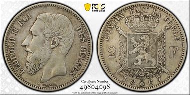 1867 2 Fr Crown w/ Cross KM-30.1  Ag VF35