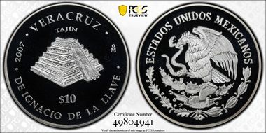 2007-Mo 10 Peso Veracruz KM-845  Ag PR70DCAM