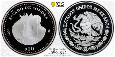 2007-Mo 10 Peso Sonora KM-841  Ag PR69DCAM