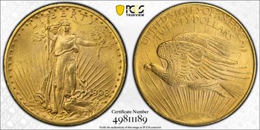 1908 $20 No Motto MS63