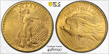 1908 $20 No Motto MS62