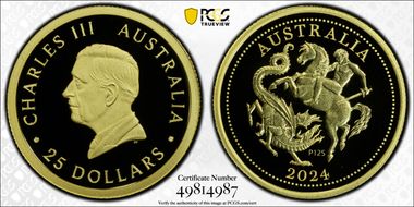 2024-P125 $25 Perth Mint 125th Ann. Australia Sov First Strike PR70DCAM