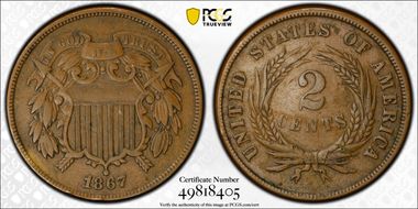 1867 2C Doubled Die Obverse VF35BN