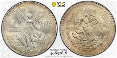 1989-Mo Onza Libertad Ag w/o Dot before 999 MS66