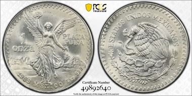 1989-Mo Onza Libertad Ag w/o Dot before 999 MS67