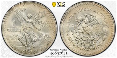 1989-Mo Onza Libertad Ag w/o Dot before 999 MS66