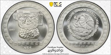 1993-Mo 5 Peso Brasero Efigie KM-648 Mo R. Obv. Field MS69