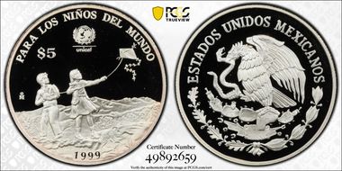 1999-Mo 5 Peso UNICEF KM-640  Ag PR69DCAM