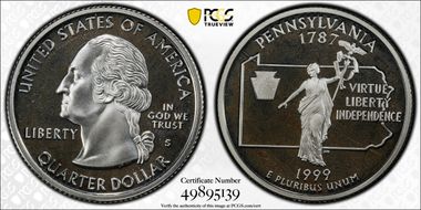 1999-S 25C Pennsylvania Silver PR68DCAM