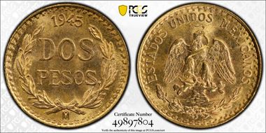 1945-Mo 2 Peso KM-461  Au MS67