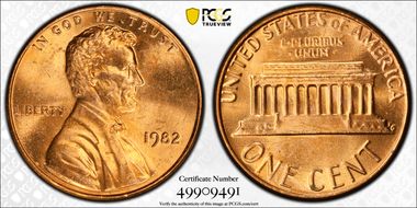 1982 1C Bronze, Small Date MS65RD