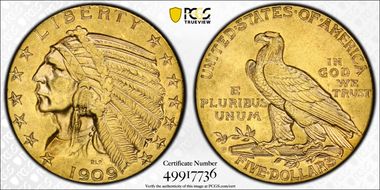 1909-S $5 AU58