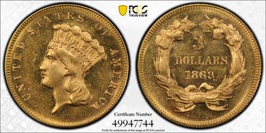 1869 $3 MS62+