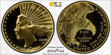 2019-W $100 High Relief Enhanced .9999 Fine SP69PL