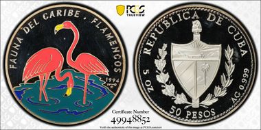 1994 50 Peso Flamingos Colorized PR64DCAM