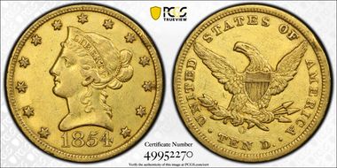 1854-O $10 Large Date AU53