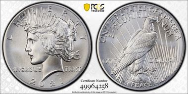 2021 $1 Peace Dollar 100th Anniversary MS70