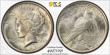 1921 $1 High Relief, Peace MS65+