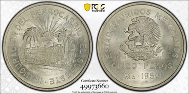 1950-Mo 5 Peso Southeastern Railroad KM-466  Ag MS66